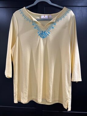 Quacker Factory Pale Yellow Long Sleeve Tee with Blue Embroidery